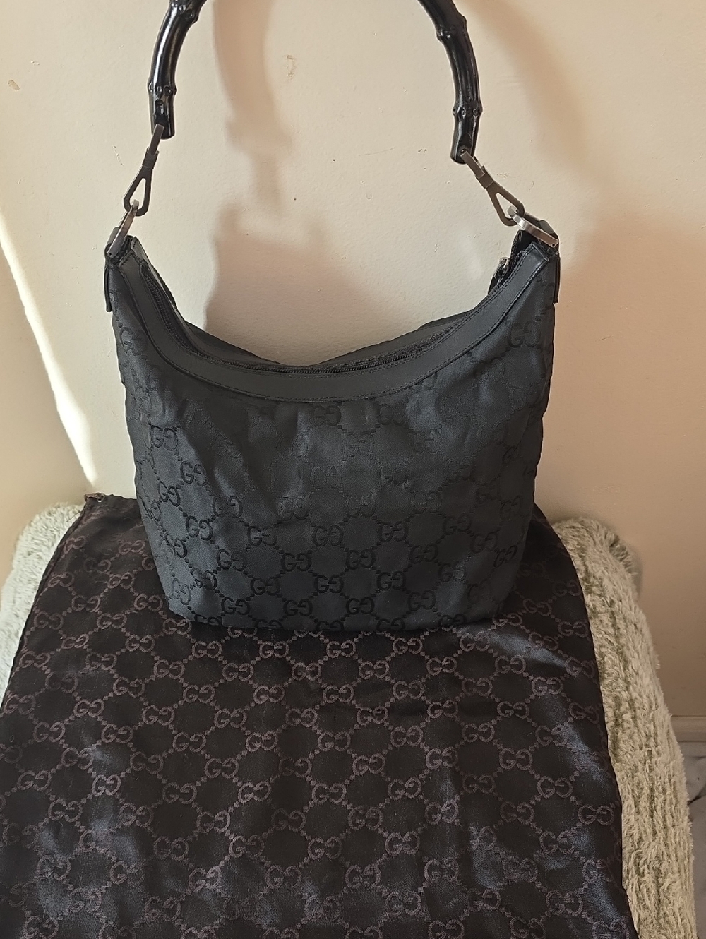 Gucci Black GG Jacquard Bamboo-Handle Hobo Bag